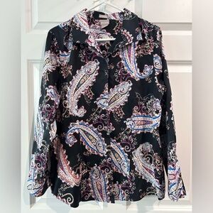 Chico's Paisley Button Front Blouse Size L No Iron Packable Office Contemporary